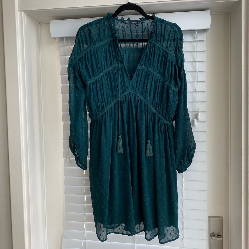 Zara Boho Long Sleeve Dress - Teal, Size Medium